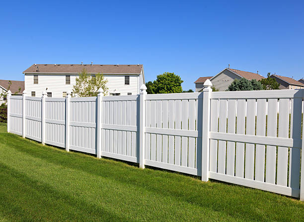 New and contemporary white vinyl fence in a nicely landscaped back yard with blue sky in the background.